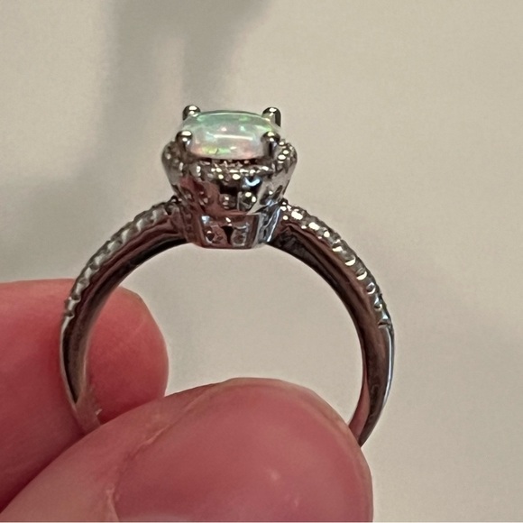 Fire Opal & Diamond 925 Silver Ring Size 5 - Picture 5 of 10